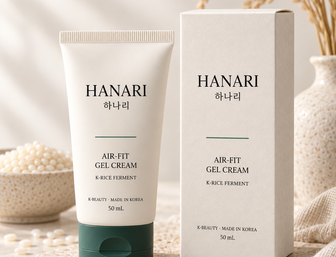 Concept render of the HANARI Air-Fit Gel Cream tube and carton on a stone slab with rice stalks.