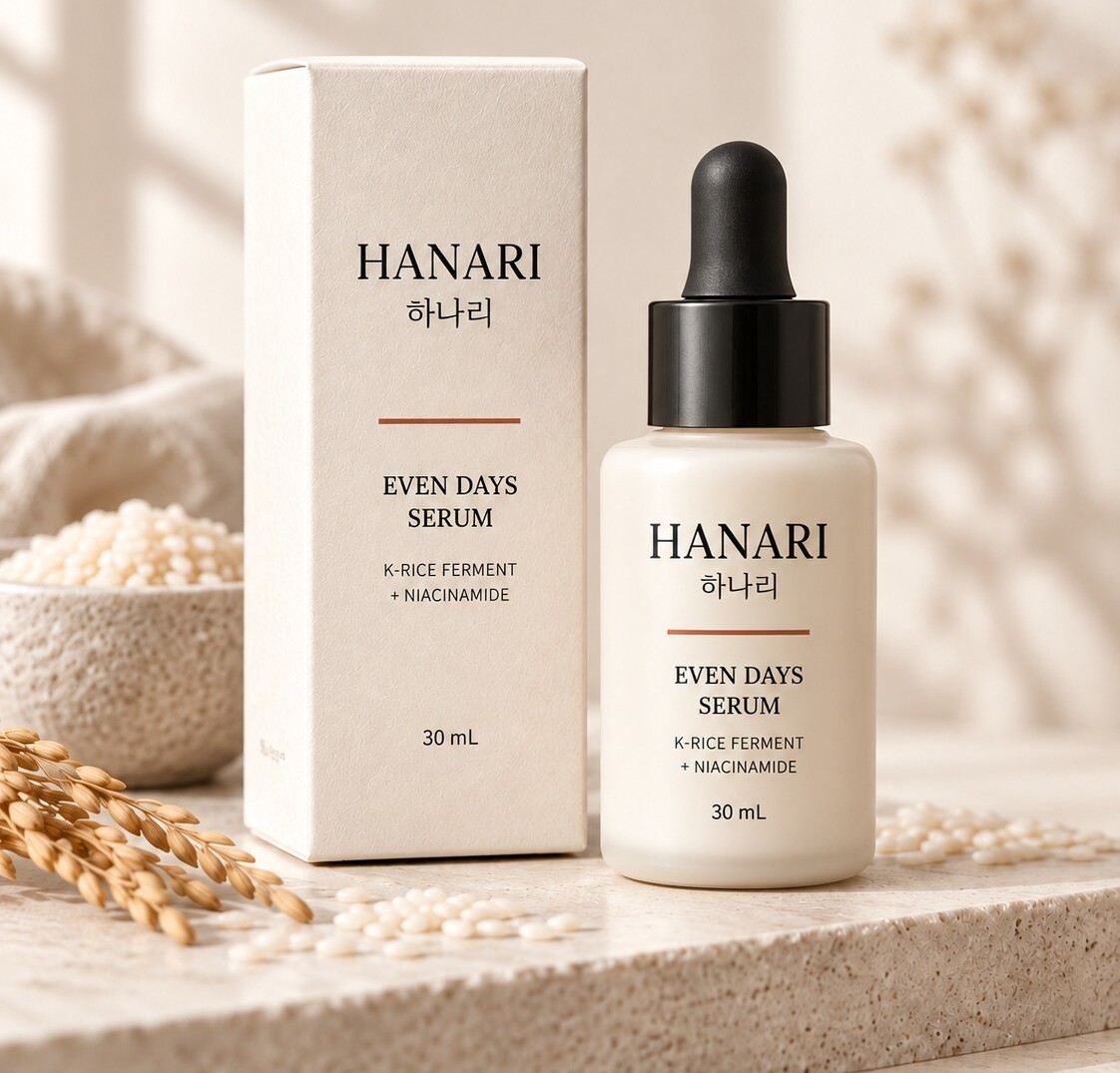 Concept render of the HANARI Even Days Serum bottle and carton beside a bowl of rice and rice ears.