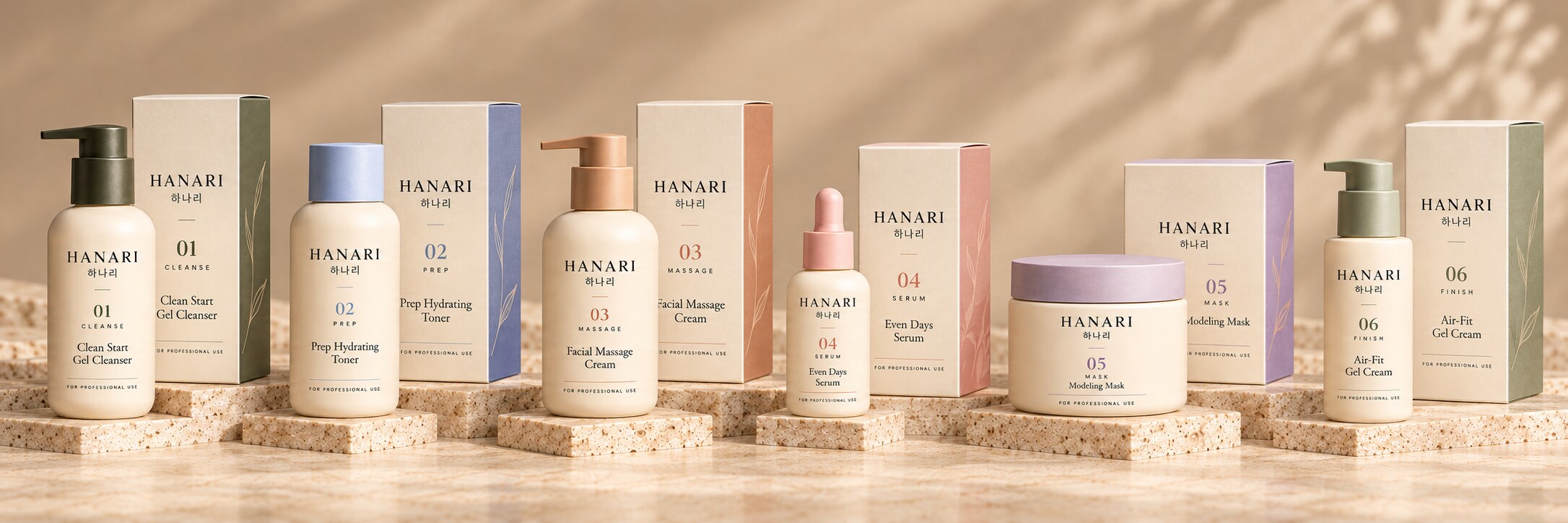 Concept render of six HANARI professional-use skincare products lined up on a stone plinth in treatment order.