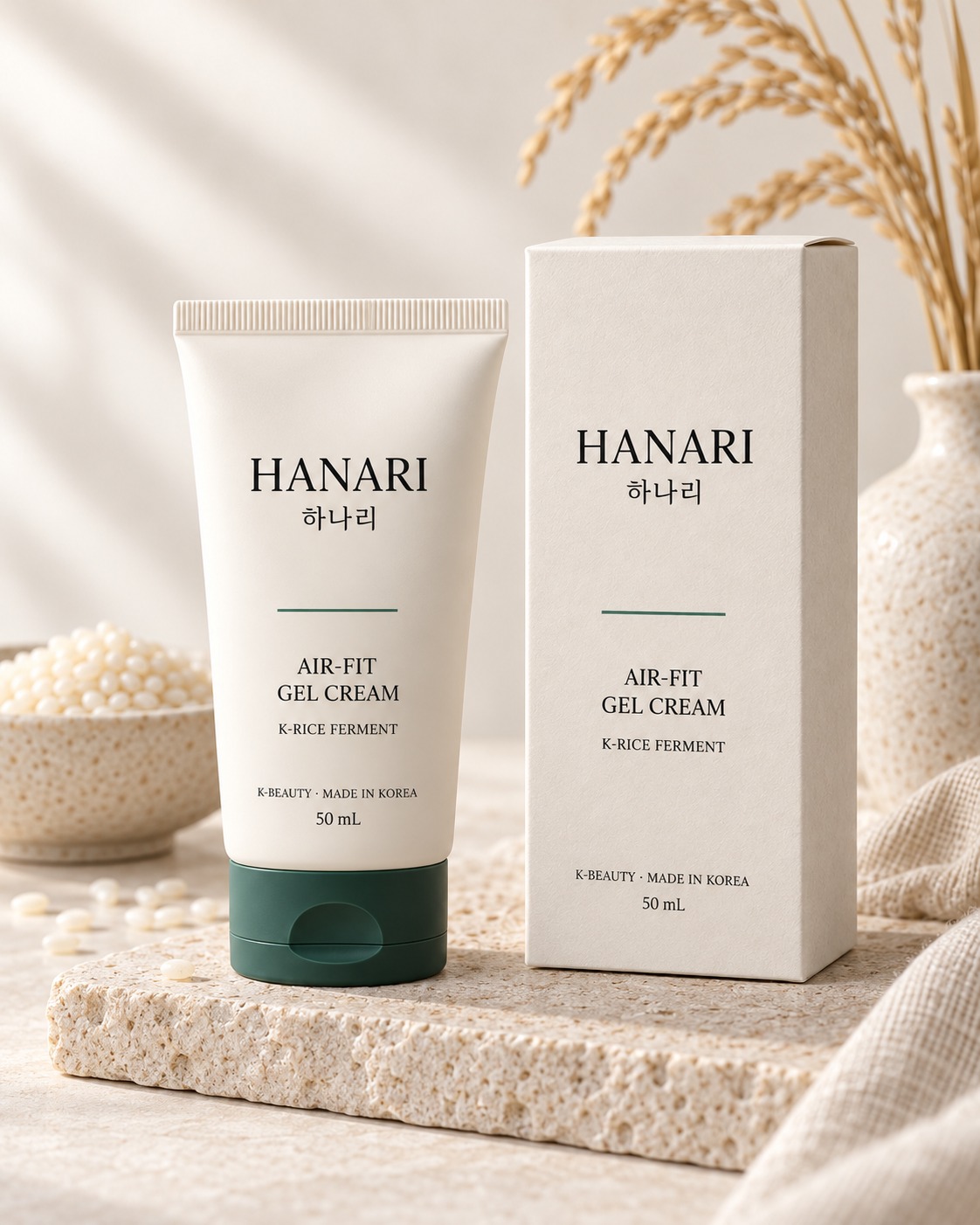 Concept render of the HANARI Air-Fit Gel Cream jar and its carton on stone.