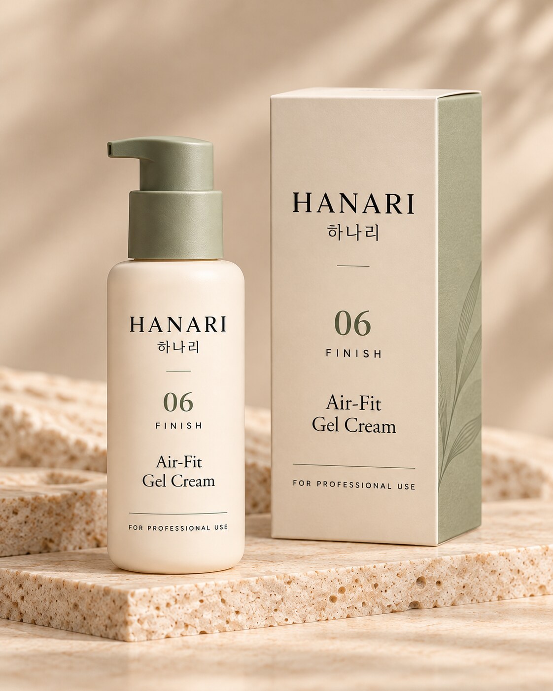 Concept render of the HANARI professional Air-Fit Gel Cream pump bottle and its carton on a stone shelf.