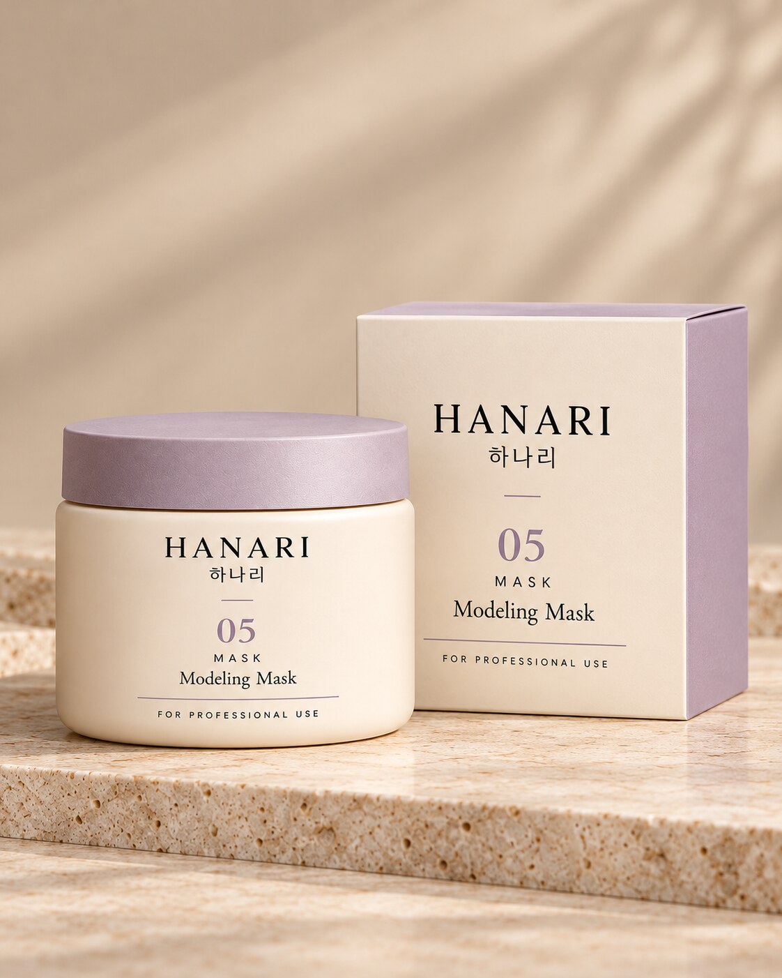Concept render of the HANARI professional Modeling Mask jar and its carton on a stone shelf.