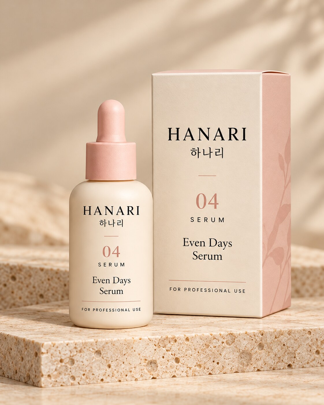 Concept render of the HANARI professional Even Days Serum dropper bottle and its carton on a stone shelf.