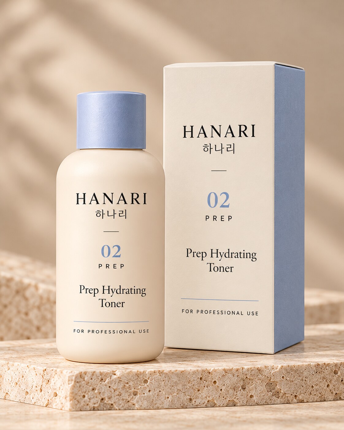 Concept render of the HANARI professional Prep Hydrating Toner bottle and its carton on a stone shelf.