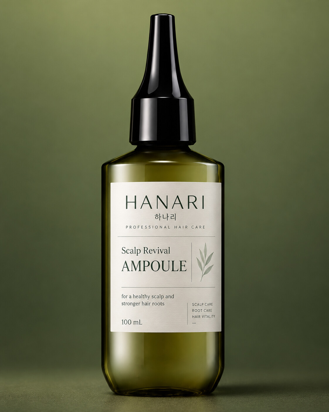Concept render of the HANARI scalp ampoule nozzle bottle.
