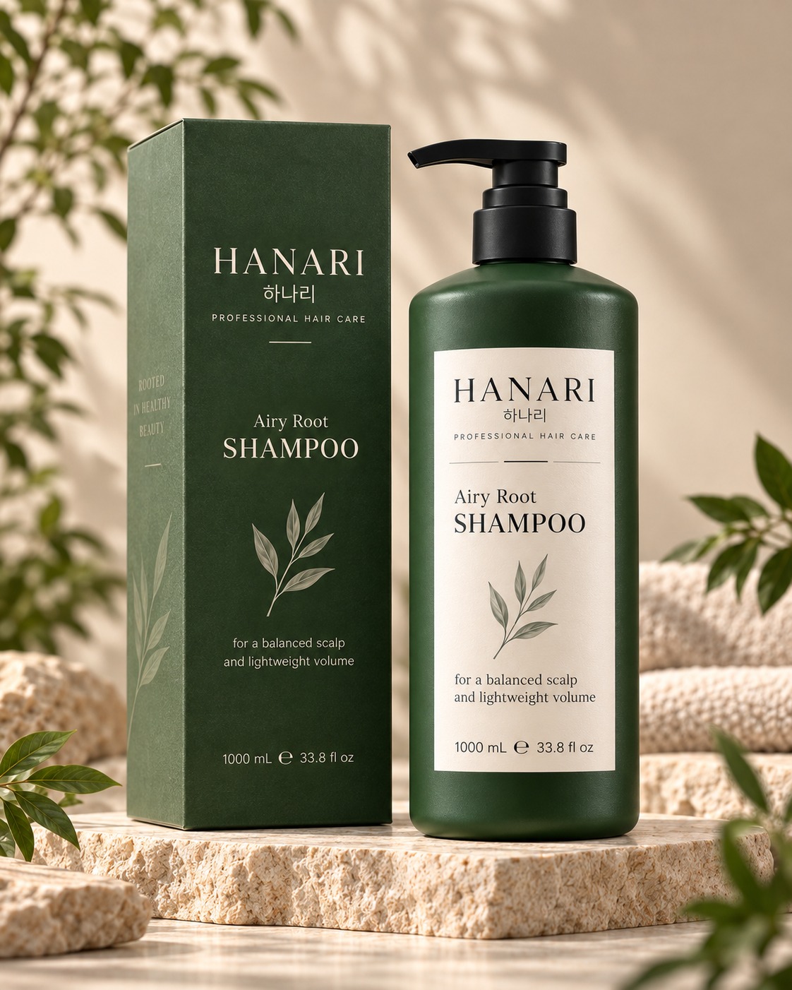 Concept render of the HANARI Airy Root Shampoo pump bottle and its carton.