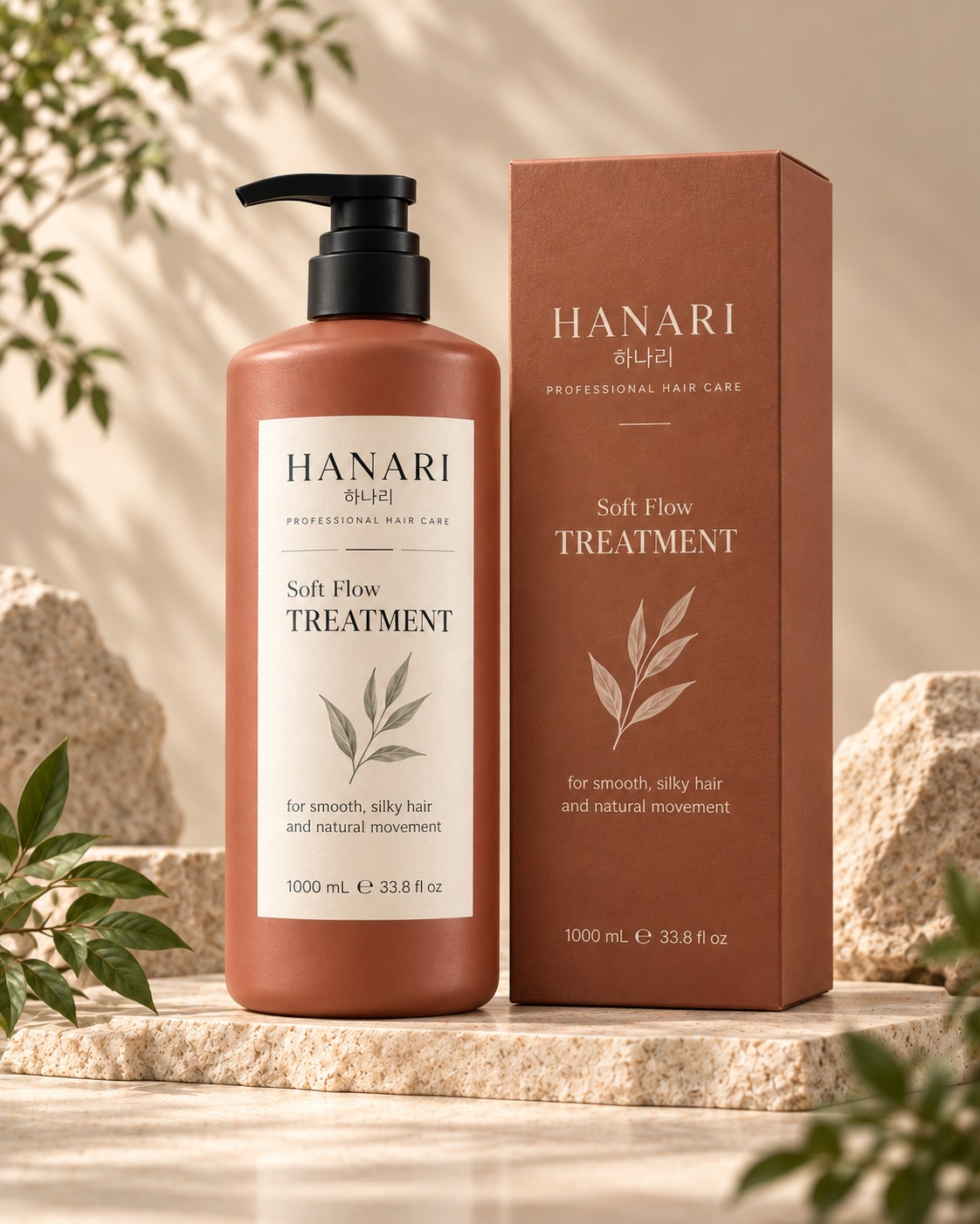 Concept render of the HANARI Soft Flow Treatment pump bottle and its carton.
